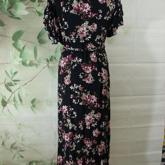 Black Pink Floral Ruffle Wrap Dress Chelsea & Violet Large Cottagecore Romantic - Picture 7 of 16